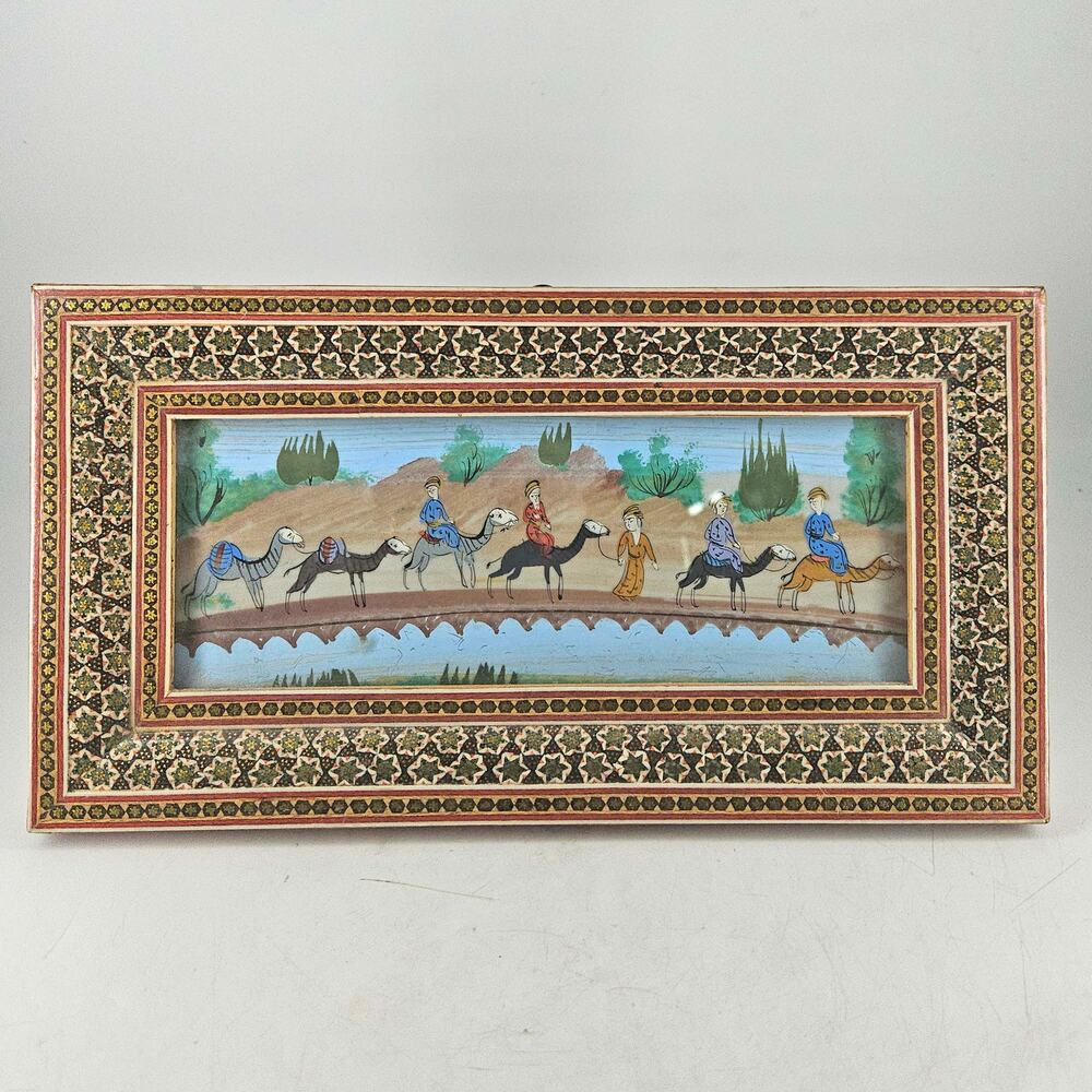 Vintage Persian Painting in Ornate Khatam Inlay Mosaic Frame